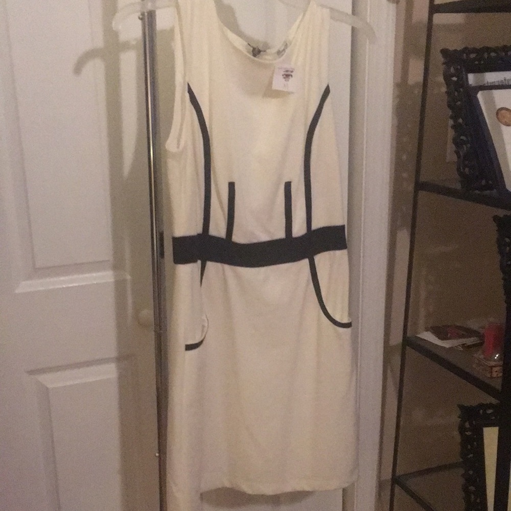 White Dress Trimmed In Black With Pockets
